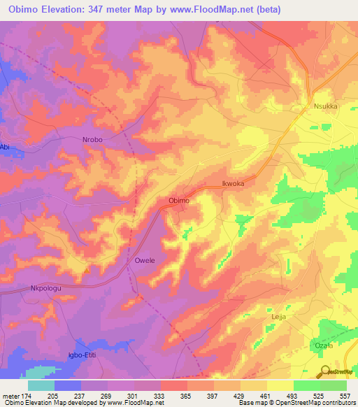 Obimo,Nigeria Elevation Map