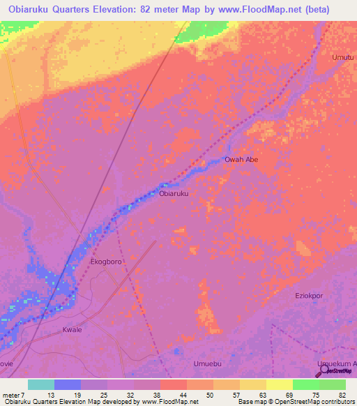 Obiaruku Quarters,Nigeria Elevation Map