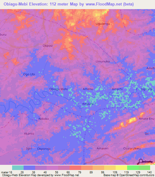 Obiagu-Mebi,Nigeria Elevation Map