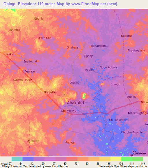 Obiagu,Nigeria Elevation Map