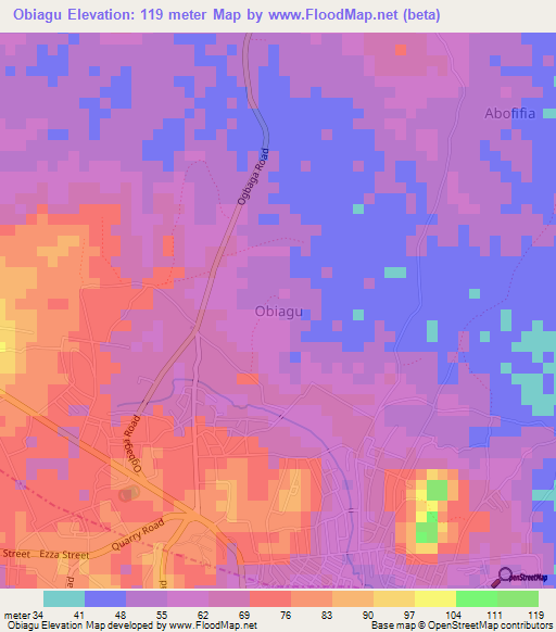 Obiagu,Nigeria Elevation Map