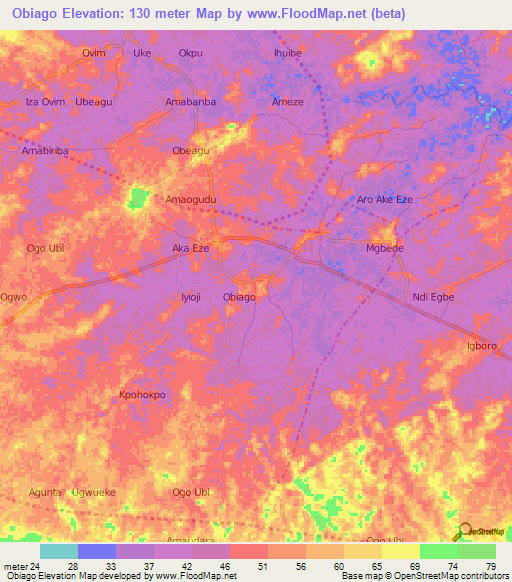 Obiago,Nigeria Elevation Map