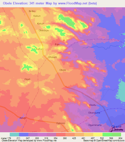 Obele,Nigeria Elevation Map