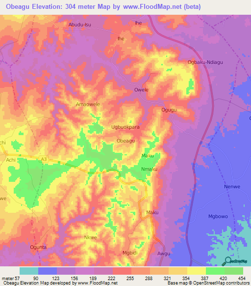 Obeagu,Nigeria Elevation Map