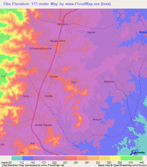 Oba,Nigeria Elevation Map