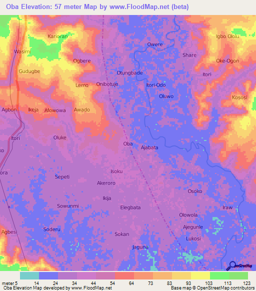 Oba,Nigeria Elevation Map