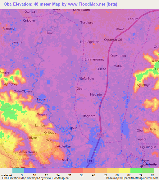 Oba,Nigeria Elevation Map