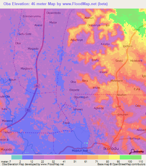 Oba,Nigeria Elevation Map