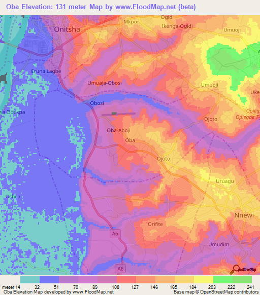 Oba,Nigeria Elevation Map