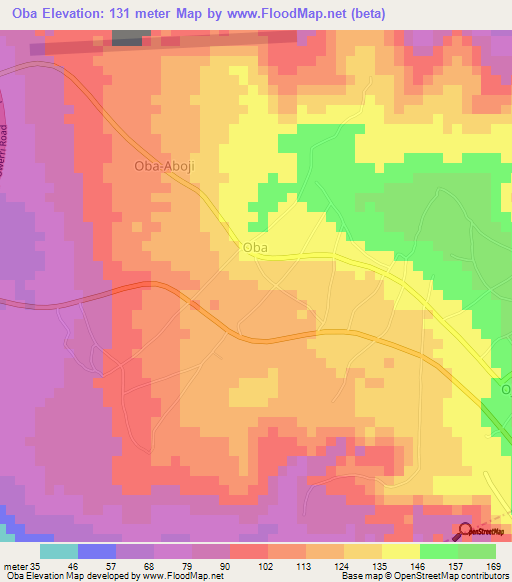 Oba,Nigeria Elevation Map