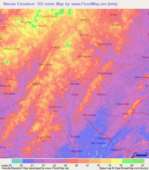 Nwode,Nigeria Elevation Map