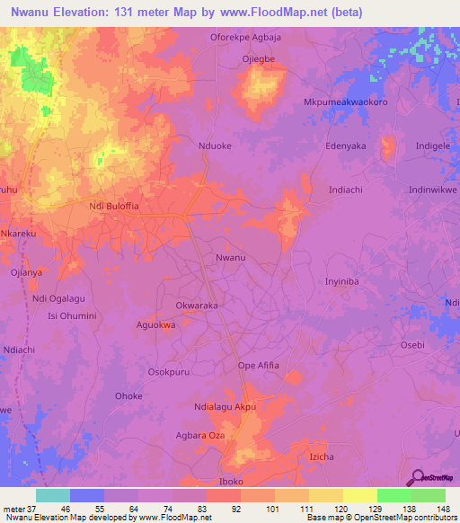 Nwanu,Nigeria Elevation Map