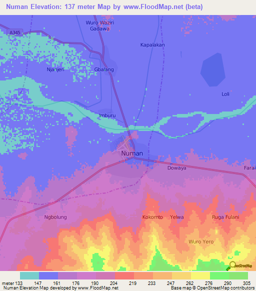 Numan,Nigeria Elevation Map