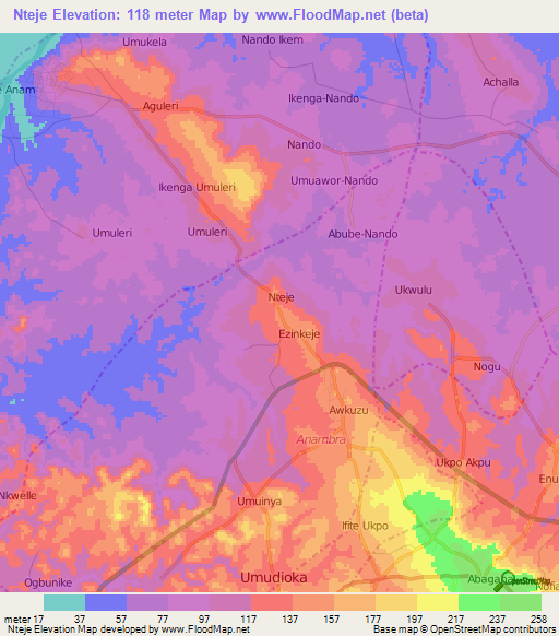 Nteje,Nigeria Elevation Map