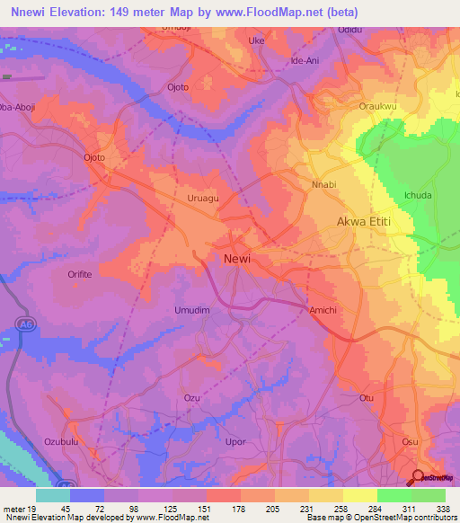 Nnewi,Nigeria Elevation Map