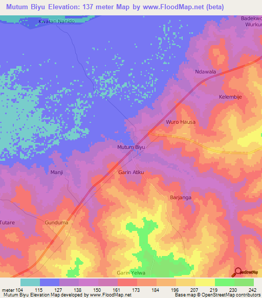 Mutum Biyu,Nigeria Elevation Map