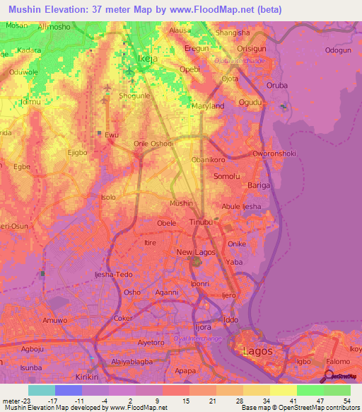 Mushin,Nigeria Elevation Map