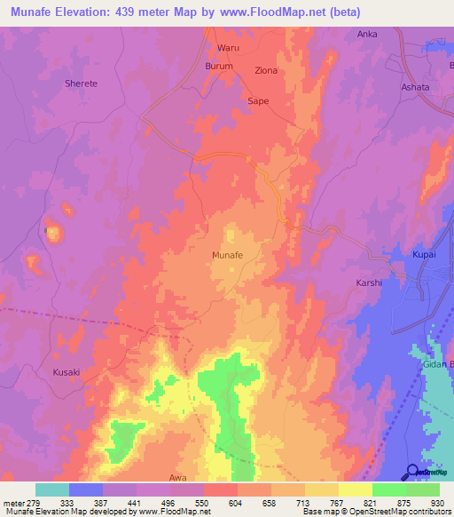 Munafe,Nigeria Elevation Map