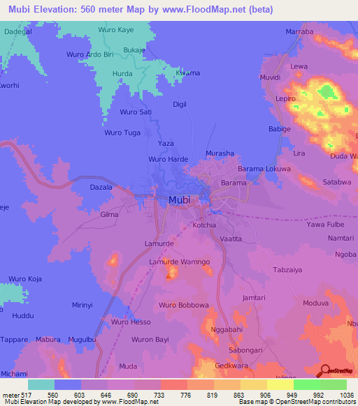 Mubi,Nigeria Elevation Map