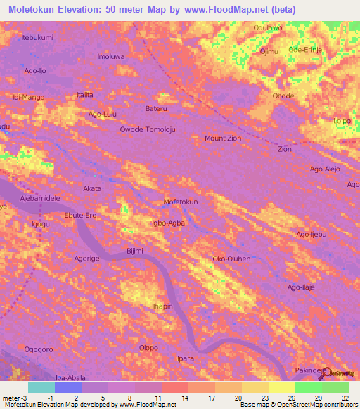 Mofetokun,Nigeria Elevation Map