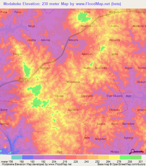 Modakeke,Nigeria Elevation Map