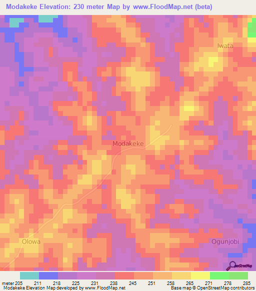 Modakeke,Nigeria Elevation Map