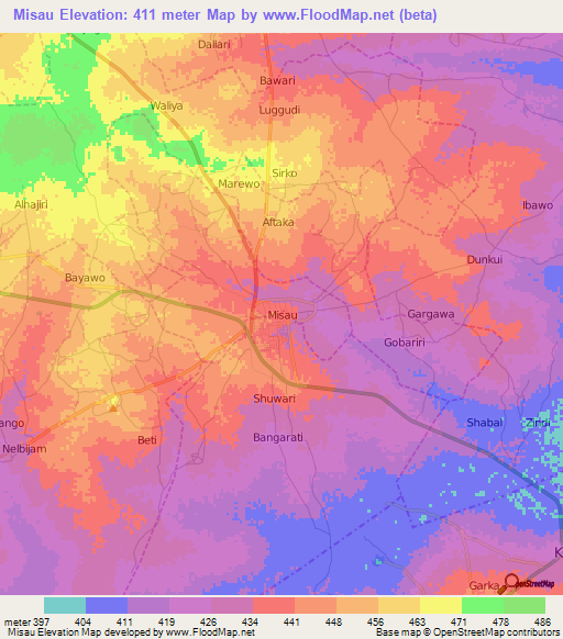 Misau,Nigeria Elevation Map