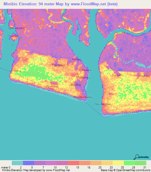 Minibio,Nigeria Elevation Map