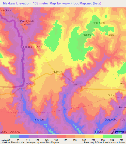 Mekkaw,Nigeria Elevation Map