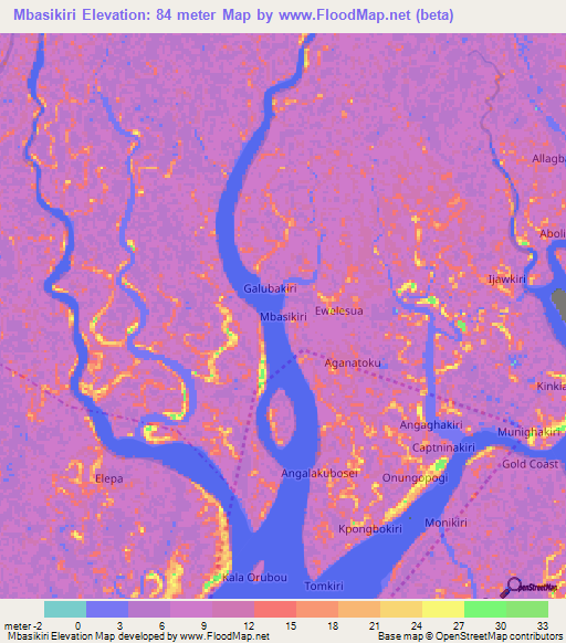 Mbasikiri,Nigeria Elevation Map