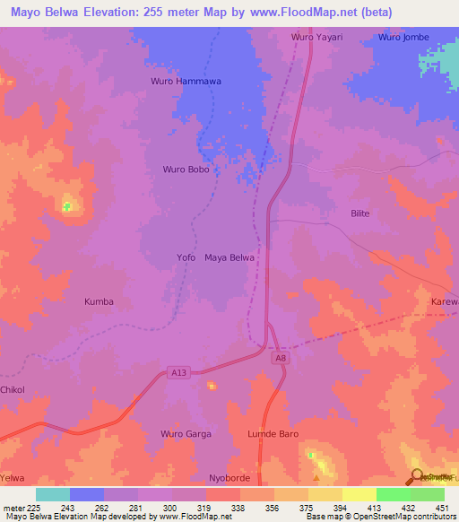 Mayo Belwa,Nigeria Elevation Map