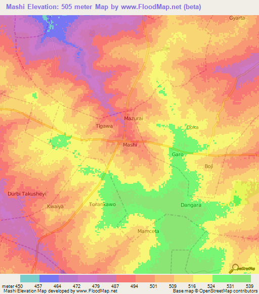 Mashi,Nigeria Elevation Map