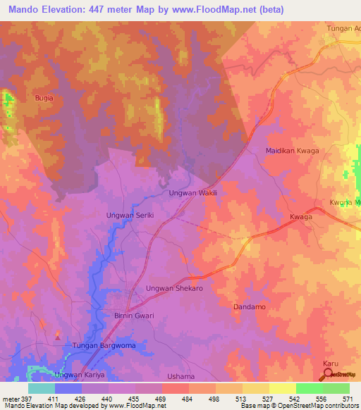 Mando,Nigeria Elevation Map