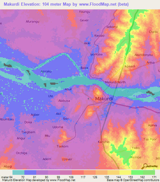 Makurdi,Nigeria Elevation Map