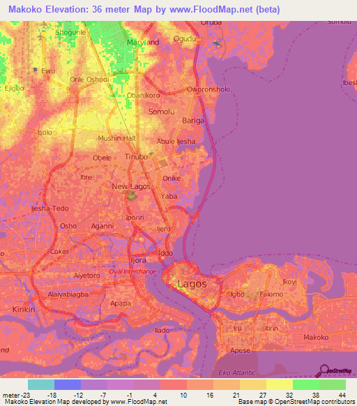 Makoko,Nigeria Elevation Map