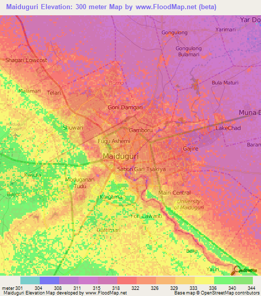 Maiduguri,Nigeria Elevation Map