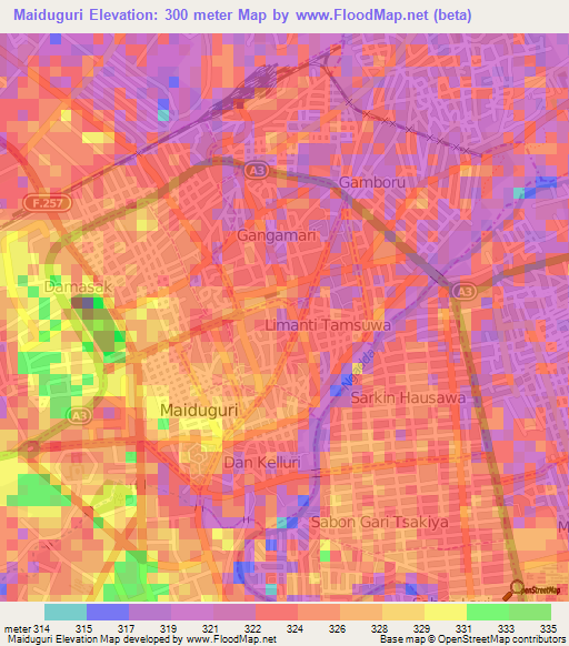 Maiduguri,Nigeria Elevation Map