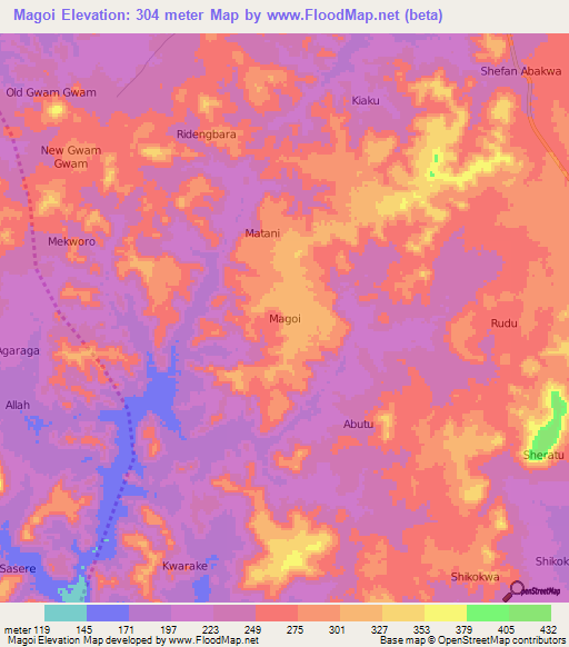 Magoi,Nigeria Elevation Map