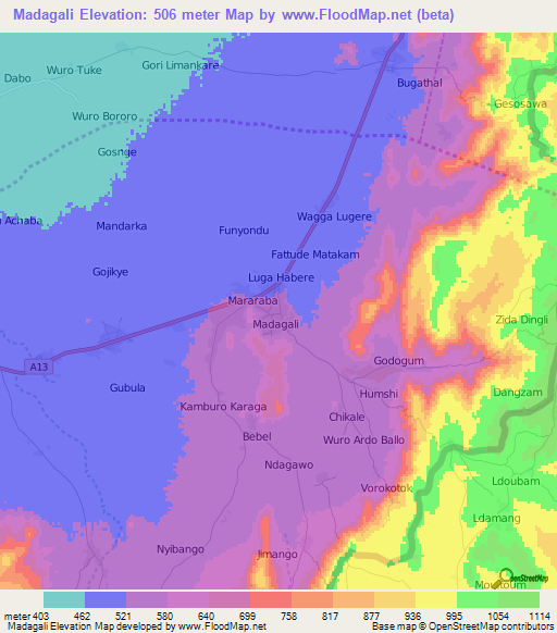 Madagali,Nigeria Elevation Map