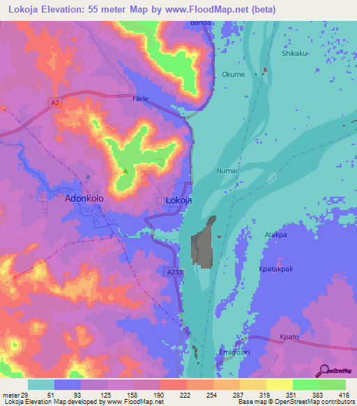 Lokoja,Nigeria Elevation Map