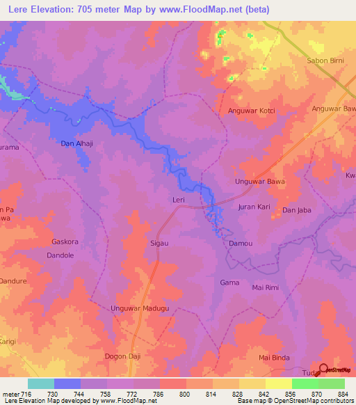 Lere,Nigeria Elevation Map