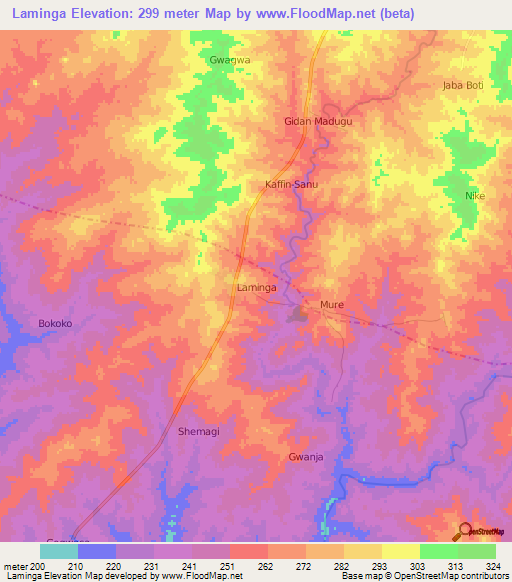 Laminga,Nigeria Elevation Map