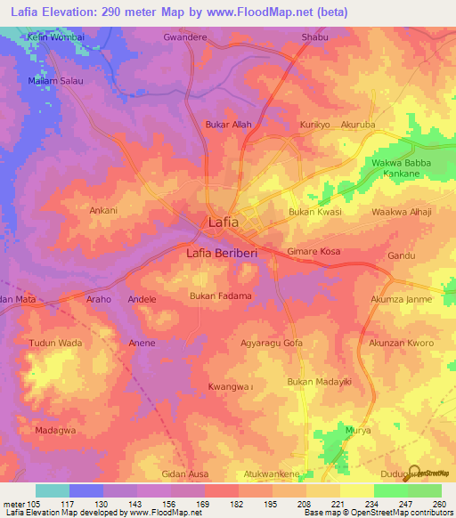 Lafia,Nigeria Elevation Map