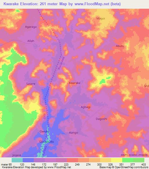 Kwarake,Nigeria Elevation Map