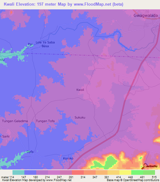 Kwali,Nigeria Elevation Map