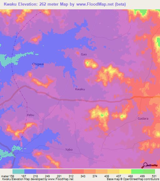 Kwaku,Nigeria Elevation Map