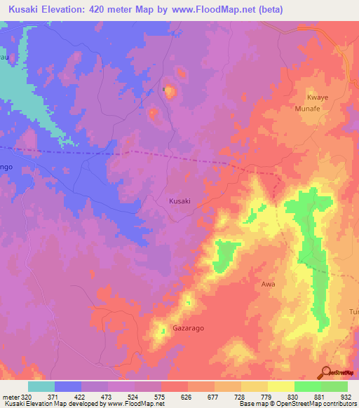 Kusaki,Nigeria Elevation Map