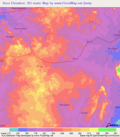 Kuru,Nigeria Elevation Map