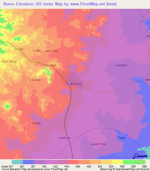 Kumo,Nigeria Elevation Map