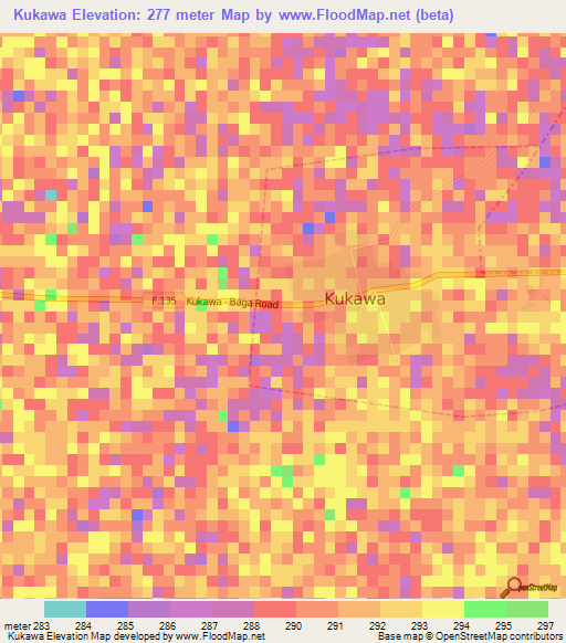 Kukawa,Nigeria Elevation Map